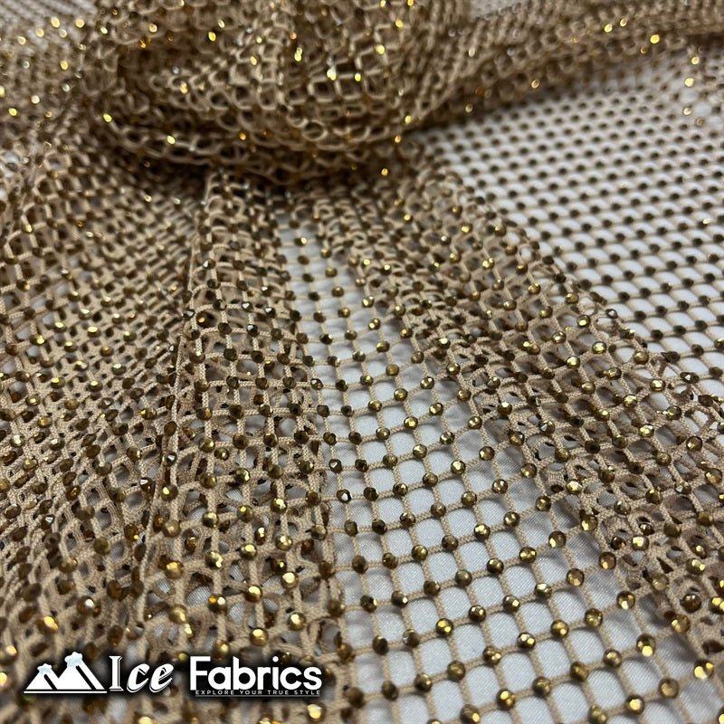 Iridescent Crystal Beaded 4 Way Stretch Fabric FishnetICE FABRICSICE FABRICSLight GoldIridescent Crystal Beaded 4 Way Stretch Fabric Fishnet ICE FABRICS Light Gold