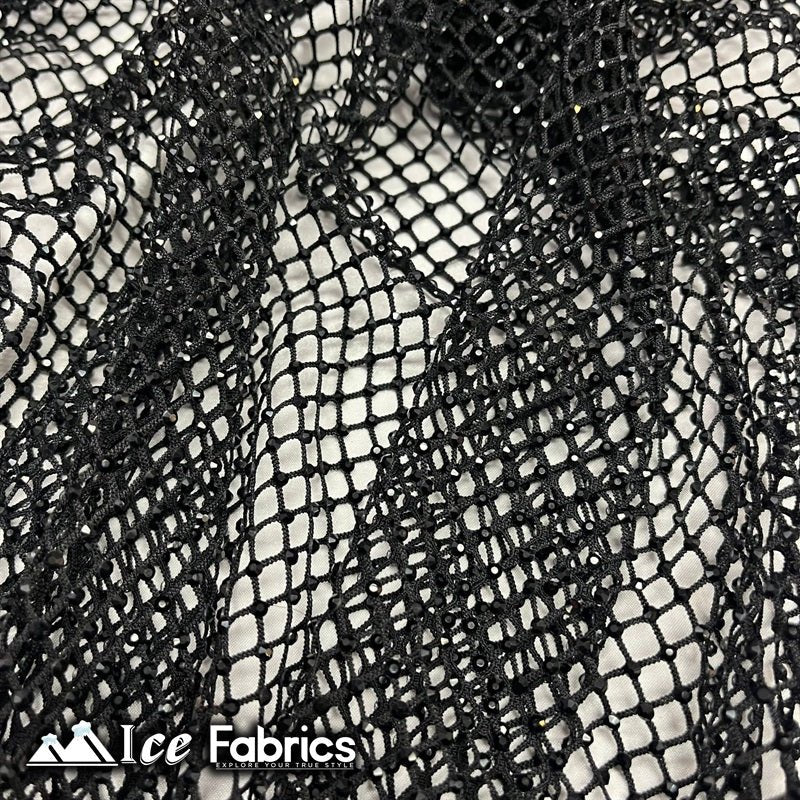 Iridescent Crystal Beaded 4 Way Stretch Fabric FishnetICE FABRICSICE FABRICSBlackIridescent Crystal Beaded 4 Way Stretch Fabric Fishnet ICE FABRICS Black