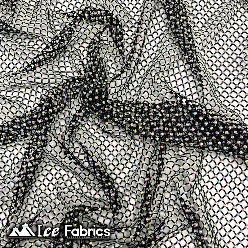 Iridescent Crystal Beaded 4 Way Stretch Fabric FishnetICE FABRICSICE FABRICSRainbow Black IridescentIridescent Crystal Beaded 4 Way Stretch Fabric Fishnet ICE FABRICS Rainbow Black Iridescent