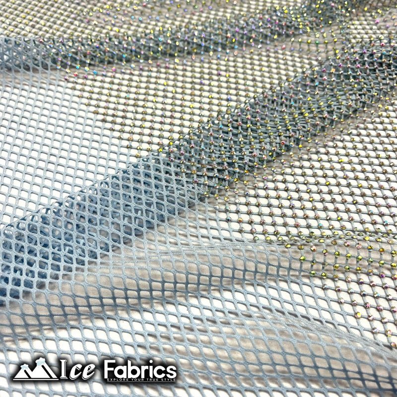 Iridescent Crystal Beaded 4 Way Stretch Fabric FishnetICE FABRICSICE FABRICSBaby Blue IridescentIridescent Crystal Beaded 4 Way Stretch Fabric Fishnet ICE FABRICS Baby Blue Iridescent