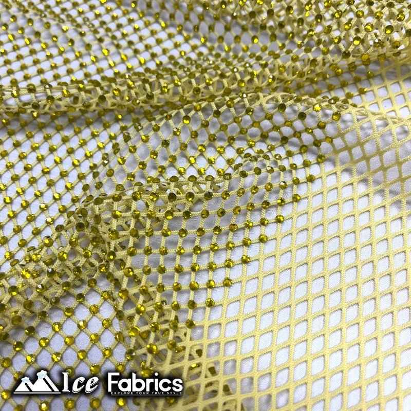 Iridescent Crystal Beaded 4 Way Stretch Fabric FishnetICE FABRICSICE FABRICSYellowIridescent Crystal Beaded 4 Way Stretch Fabric Fishnet ICE FABRICS Yellow