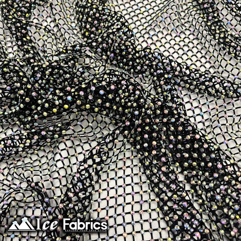 Iridescent Crystal Beaded 4 Way Stretch Fabric FishnetICE FABRICSICE FABRICSRainbow Black IridescentIridescent Crystal Beaded 4 Way Stretch Fabric Fishnet ICE FABRICS Rainbow Black Iridescent