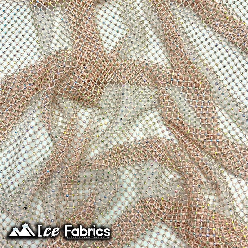 Iridescent Crystal Beaded 4 Way Stretch Fabric FishnetICE FABRICSICE FABRICSBlushIridescent Crystal Beaded 4 Way Stretch Fabric Fishnet ICE FABRICS Blush