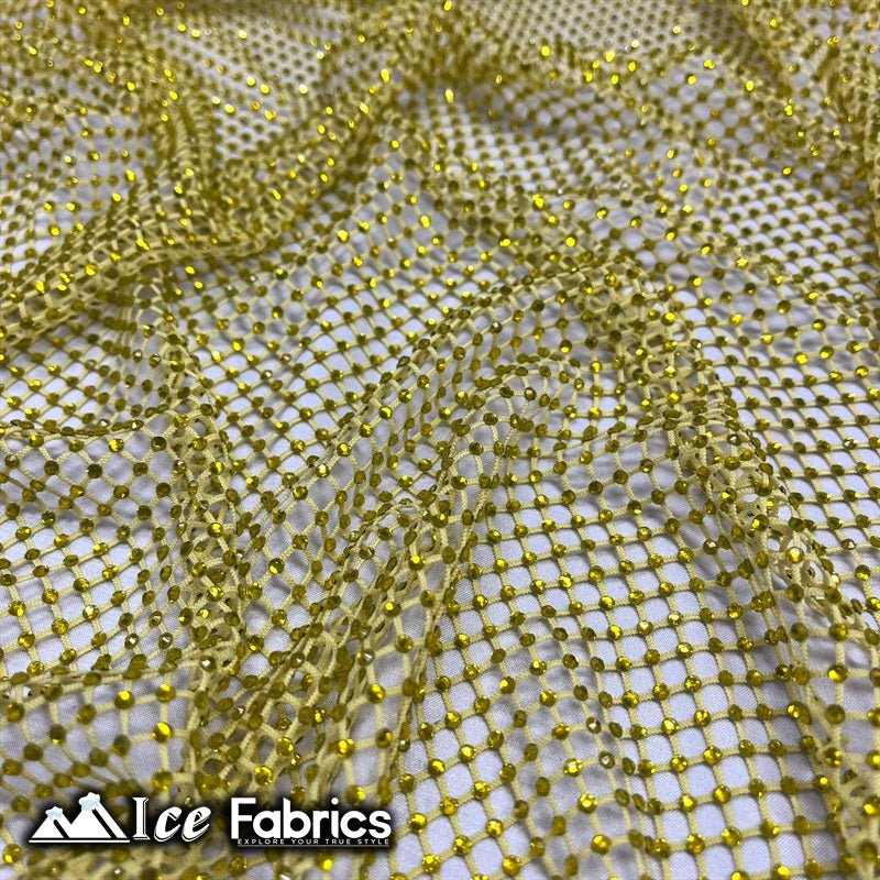 Iridescent Crystal Beaded 4 Way Stretch Fabric FishnetICE FABRICSICE FABRICSYellowIridescent Crystal Beaded 4 Way Stretch Fabric Fishnet ICE FABRICS Yellow