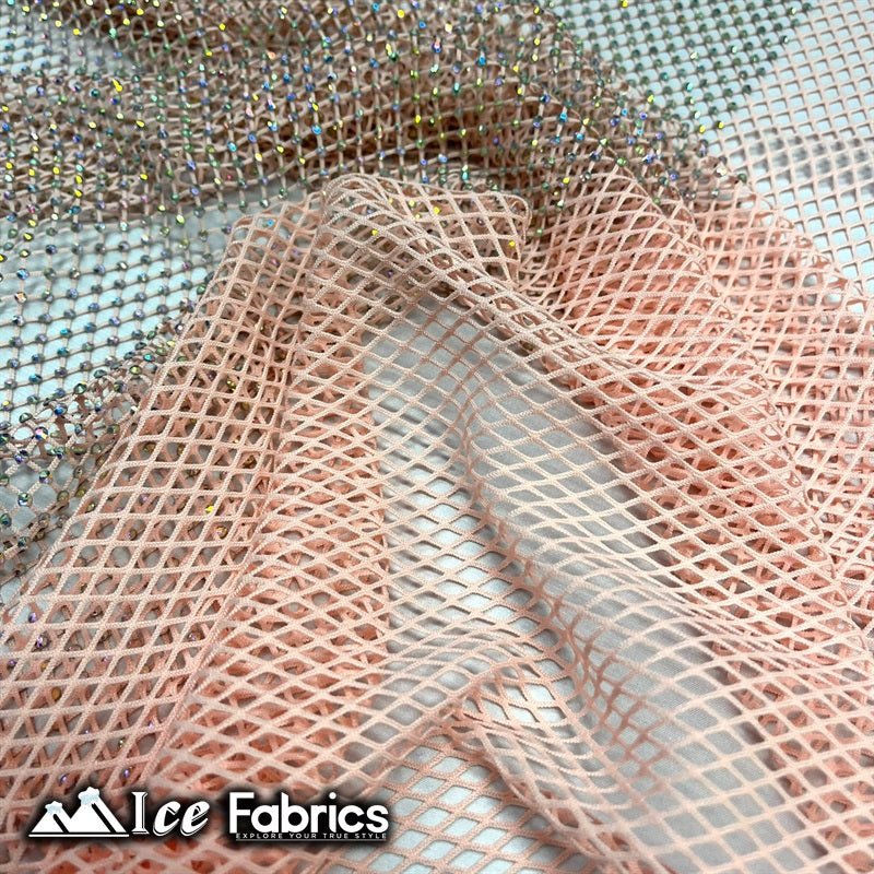 Iridescent Crystal Beaded 4 Way Stretch Fabric FishnetICE FABRICSICE FABRICSBlushIridescent Crystal Beaded 4 Way Stretch Fabric Fishnet ICE FABRICS Blush