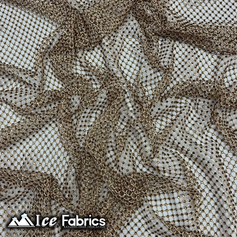 Iridescent Crystal Beaded 4 Way Stretch Fabric FishnetICE FABRICSICE FABRICSLight GoldIridescent Crystal Beaded 4 Way Stretch Fabric Fishnet ICE FABRICS Light Gold