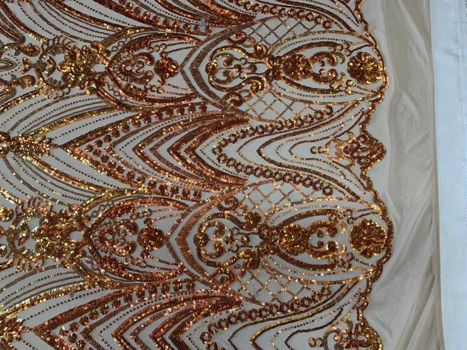 Iridescent French 4 Way Stretch Sequins On Spandex Mesh Fabric By The YardICEFABRICICE FABRICSOrange On White MeshIridescent French 4 Way Stretch Sequins On Spandex Mesh Fabric By The Yard ICEFABRIC Orange On White Mesh