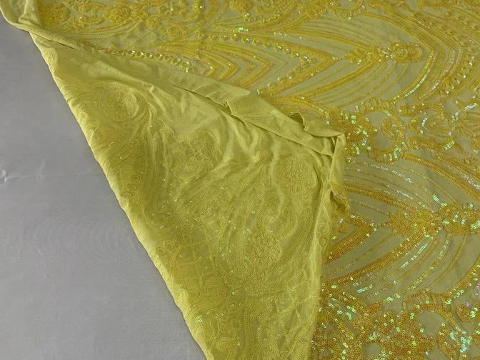 Iridescent French 4 Way Stretch Sequins On Spandex Mesh Fabric By The YardICEFABRICICE FABRICSYellow On Yellow MeshIridescent French 4 Way Stretch Sequins On Spandex Mesh Fabric By The Yard ICEFABRIC Yellow On Yellow Mesh
