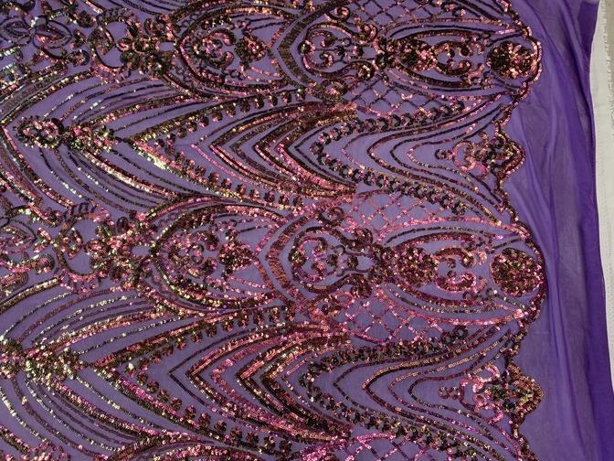 Iridescent French 4 Way Stretch Sequins On Spandex Mesh Fabric By The YardICEFABRICICE FABRICSPurple On Purple MeshIridescent French 4 Way Stretch Sequins On Spandex Mesh Fabric By The Yard ICEFABRIC Purple On Purple Mesh
