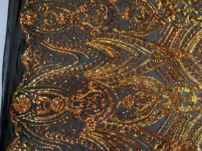 Iridescent French 4 Way Stretch Sequins On Spandex Mesh Fabric By The YardICEFABRICICE FABRICSOrange On Black MeshIridescent French 4 Way Stretch Sequins On Spandex Mesh Fabric By The Yard ICEFABRIC Orange On Black Mesh