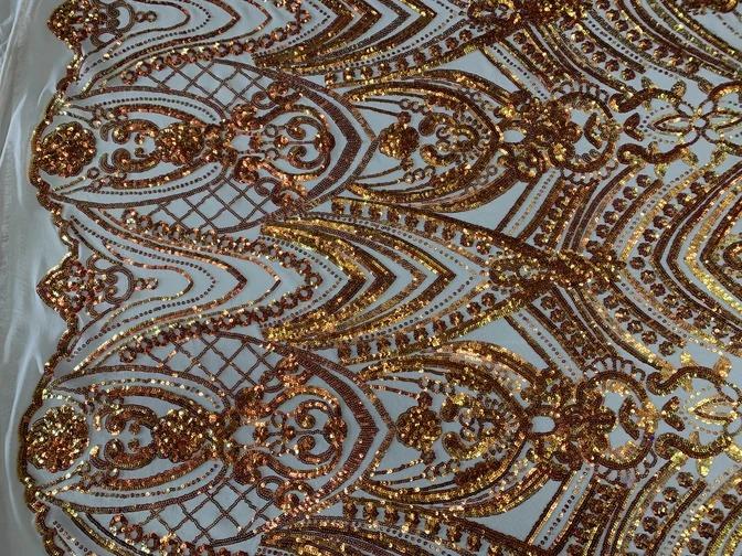 Iridescent French 4 Way Stretch Sequins On Spandex Mesh Fabric By The YardICEFABRICICE FABRICSOrange On White MeshIridescent French 4 Way Stretch Sequins On Spandex Mesh Fabric By The Yard ICEFABRIC Orange On White Mesh