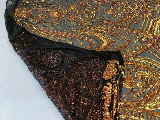 Iridescent French 4 Way Stretch Sequins On Spandex Mesh Fabric By The YardICEFABRICICE FABRICSOrange On Black MeshIridescent French 4 Way Stretch Sequins On Spandex Mesh Fabric By The Yard ICEFABRIC Orange On Black Mesh