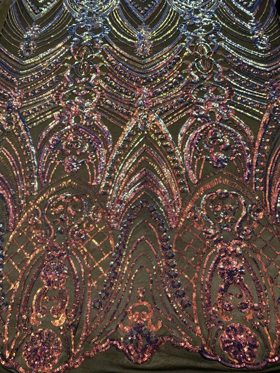 Iridescent French 4 Way Stretch Sequins On Spandex Mesh Fabric By The YardICEFABRICICE FABRICSOrange On White MeshIridescent French 4 Way Stretch Sequins On Spandex Mesh Fabric By The Yard ICEFABRIC Orange On White Mesh