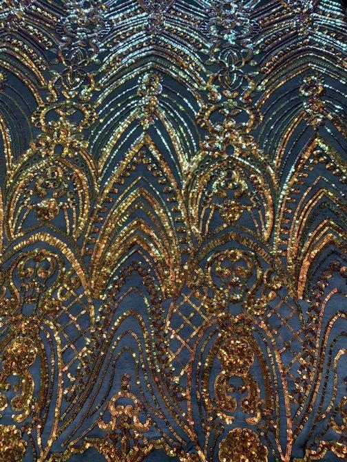 Iridescent French 4 Way Stretch Sequins On Spandex Mesh Fabric By The YardICEFABRICICE FABRICSOrange On Black MeshIridescent French 4 Way Stretch Sequins On Spandex Mesh Fabric By The Yard ICEFABRIC Orange On Black Mesh