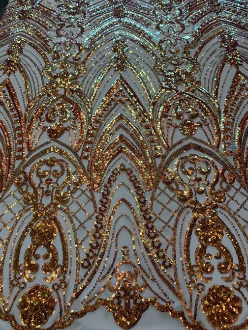 Iridescent French 4 Way Stretch Sequins On Spandex Mesh Fabric By The YardICEFABRICICE FABRICSOrange On White MeshIridescent French 4 Way Stretch Sequins On Spandex Mesh Fabric By The Yard ICEFABRIC Orange On White Mesh