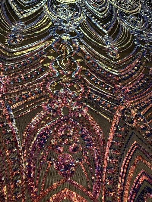 Iridescent French 4 Way Stretch Sequins On Spandex Mesh Fabric By The YardICEFABRICICE FABRICSPurple & Pink On Black MeshIridescent French 4 Way Stretch Sequins On Spandex Mesh Fabric By The Yard ICEFABRIC Purple & Pink On Black Mesh