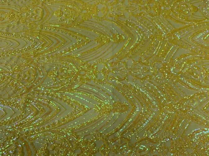 Iridescent French 4 Way Stretch Sequins On Spandex Mesh Fabric By The YardICEFABRICICE FABRICSYellow On Yellow MeshIridescent French 4 Way Stretch Sequins On Spandex Mesh Fabric By The Yard ICEFABRIC Yellow On Yellow Mesh
