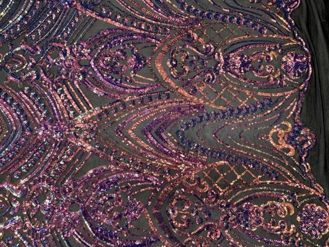 Iridescent French 4 Way Stretch Sequins On Spandex Mesh Fabric By The YardICEFABRICICE FABRICSPurple & Pink On Black MeshIridescent French 4 Way Stretch Sequins On Spandex Mesh Fabric By The Yard ICEFABRIC Purple & Pink On Black Mesh