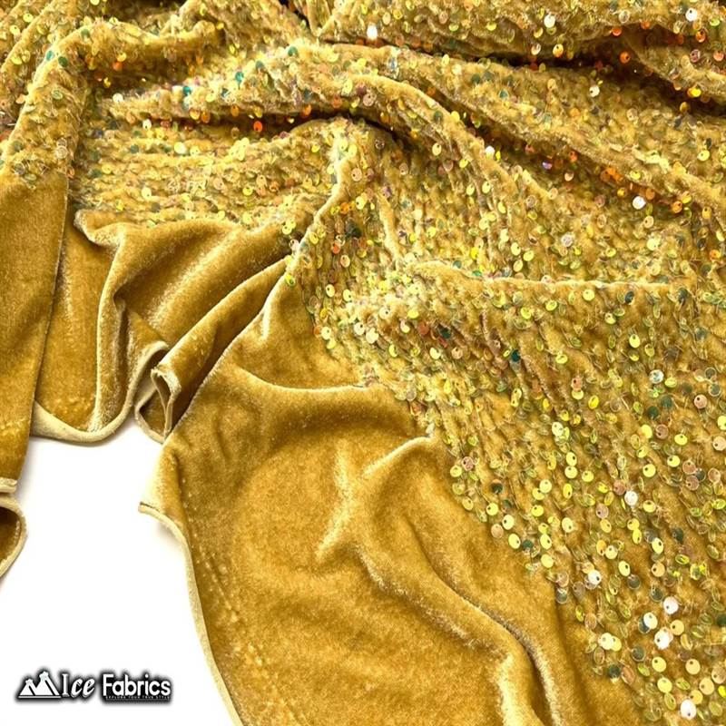 Iridescent Gold Emma Stretch Velvet Fabric with Embroidery SequinICE FABRICSICE FABRICSBy The Yard (58" Wide)2 Way StretchIridescent Gold Emma Stretch Velvet Fabric with Embroidery Sequin ICE FABRICS