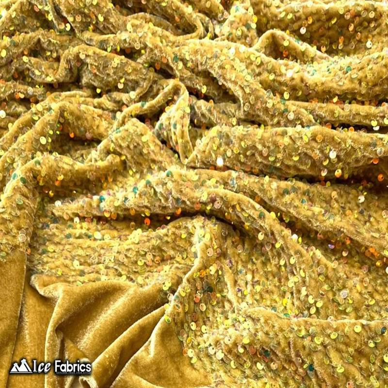 Iridescent Gold Emma Stretch Velvet Fabric with Embroidery SequinICE FABRICSICE FABRICSBy The Yard (58" Wide)2 Way StretchIridescent Gold Emma Stretch Velvet Fabric with Embroidery Sequin ICE FABRICS