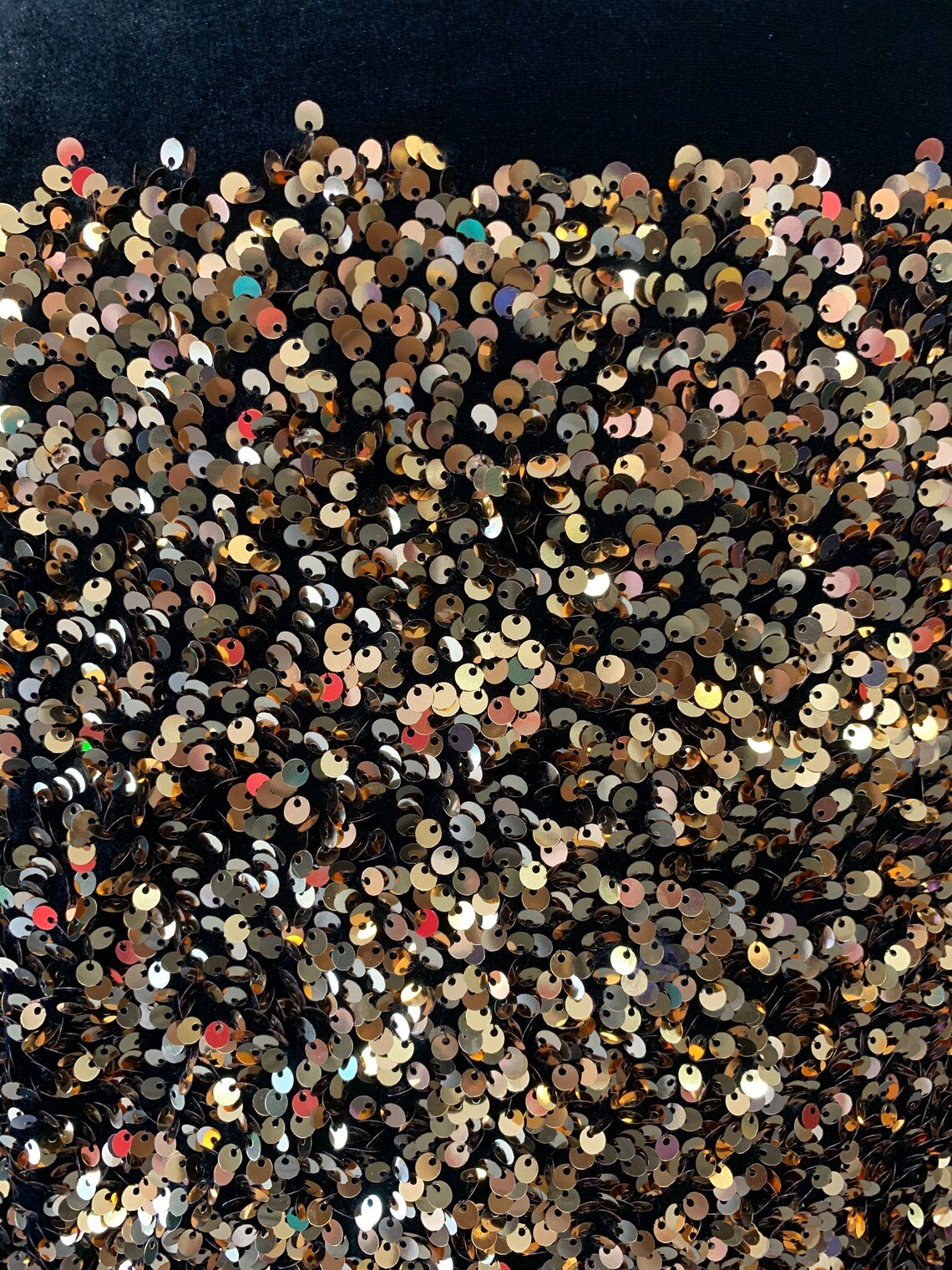 Iridescent Gold Mermaid Sequin on Black Stretch Velvet Spandex FabricICE FABRICSICE FABRICSPer YardIridescent Gold Mermaid Sequin on Black Stretch Velvet Spandex Fabric ICE FABRICS