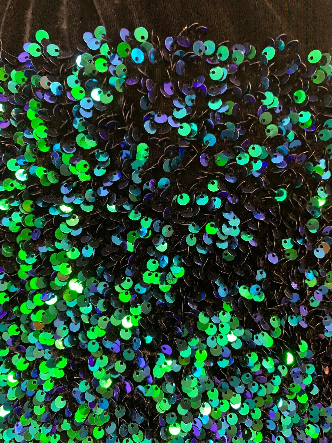 Iridescent Green Mermaid Sequin on Black Stretch Velvet Spandex FabricICE FABRICSICE FABRICSPer YardIridescent Green Mermaid Sequin on Black Stretch Velvet Spandex Fabric ICE FABRICS