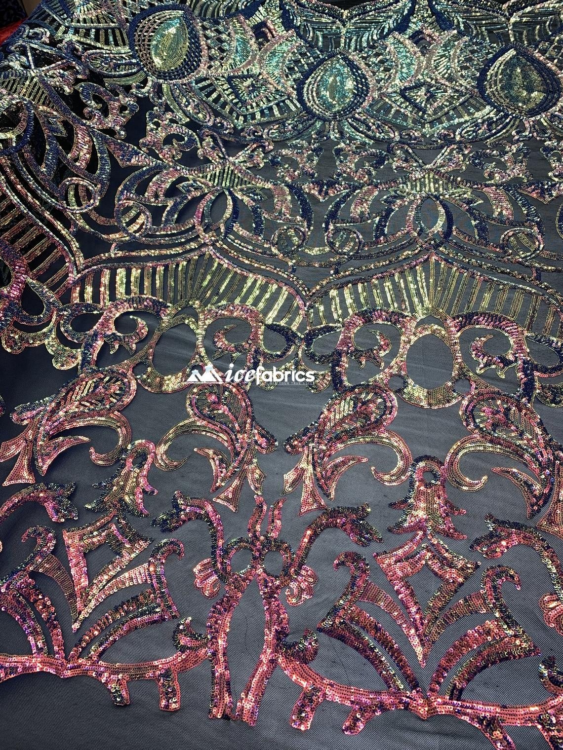 Iridescent Orange Purple Sequin Embroidery on 4 Way Stretch Bridal Fabric BTYICEFABRICICE FABRICSIridescent Orange Purple Sequin Embroidery on 4 Way Stretch Bridal Fabric BTY ICEFABRIC