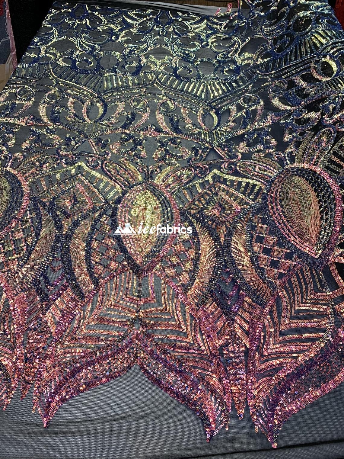 Iridescent Orange Purple Sequin Embroidery on 4 Way Stretch Bridal Fabric BTYICEFABRICICE FABRICSIridescent Orange Purple Sequin Embroidery on 4 Way Stretch Bridal Fabric BTY ICEFABRIC