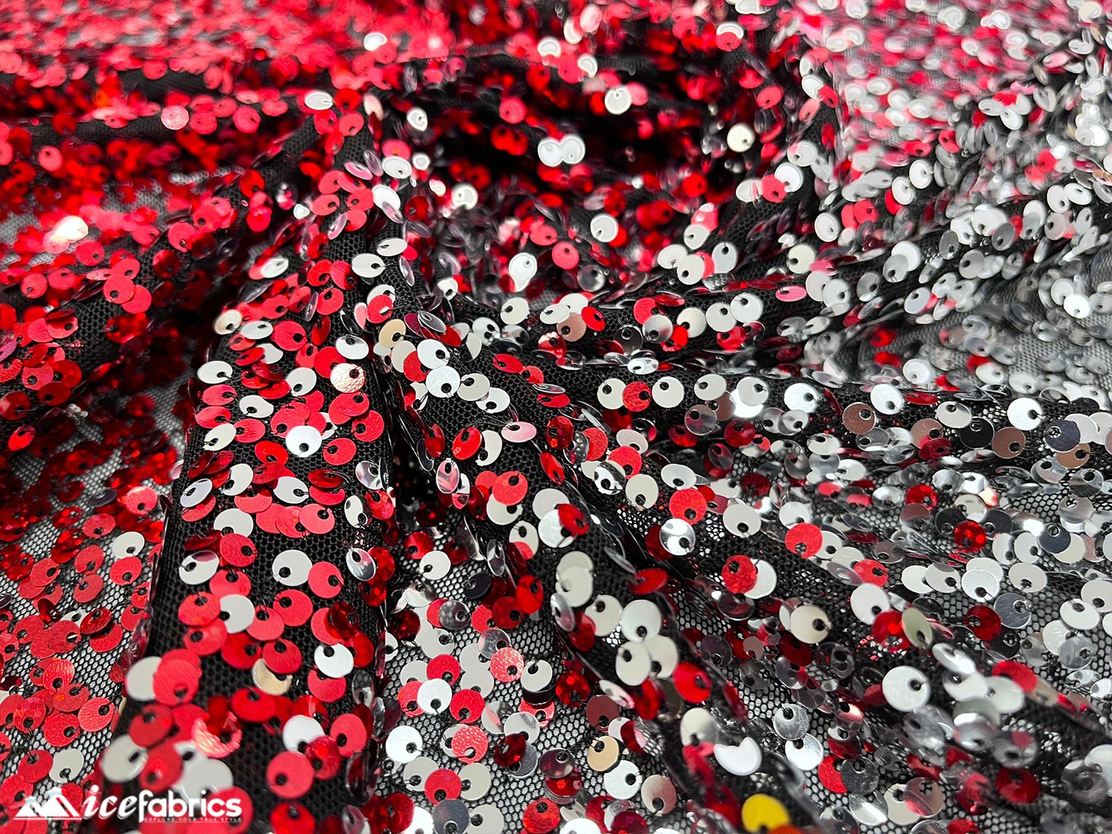 Iridescent Red Silver 3 Tone 4 Way Stretch Sequin Fabric on Black Mesh LaceICE FABRICSICE FABRICSBy The Yard (58" Wide)Iridescent Red Silver 3 Tone 4 Way Stretch Sequin Fabric on Black Mesh Lace ICE FABRICS