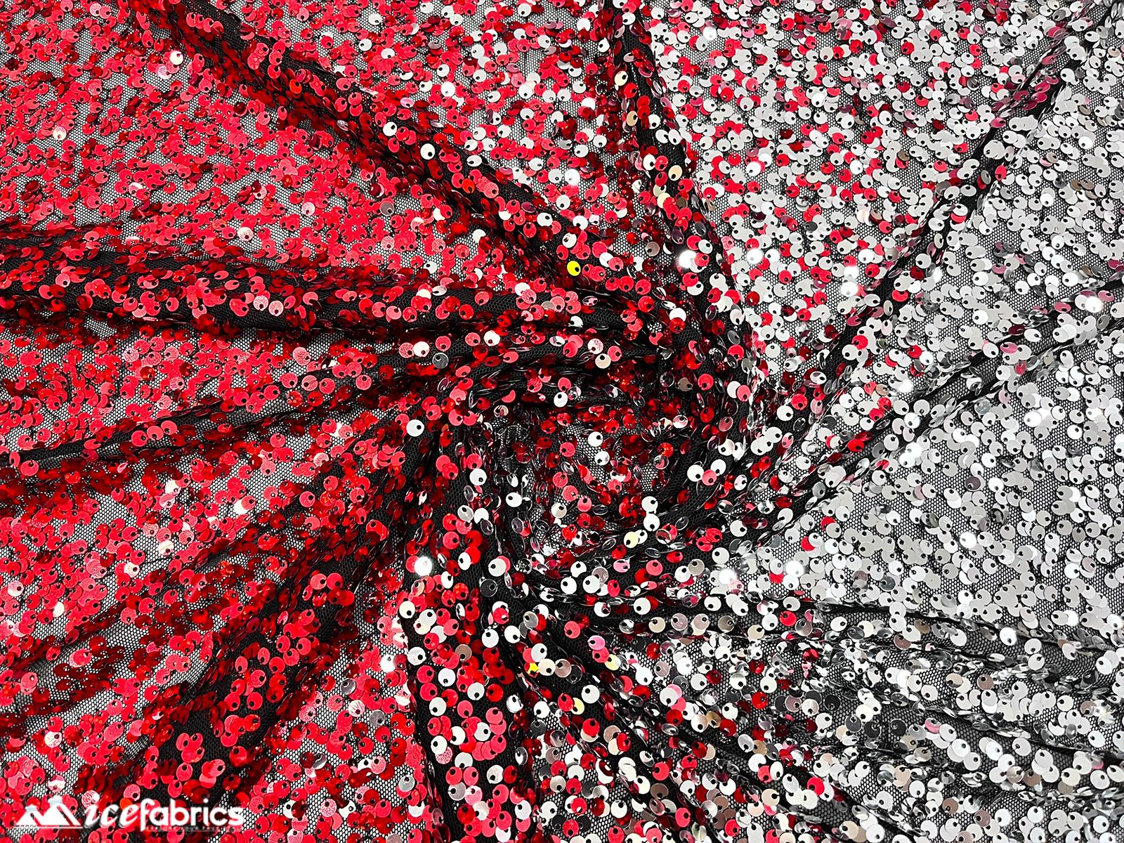 Iridescent Red Silver 3 Tone 4 Way Stretch Sequin Fabric on Black Mesh LaceICE FABRICSICE FABRICSBy The Yard (58" Wide)Iridescent Red Silver 3 Tone 4 Way Stretch Sequin Fabric on Black Mesh Lace ICE FABRICS