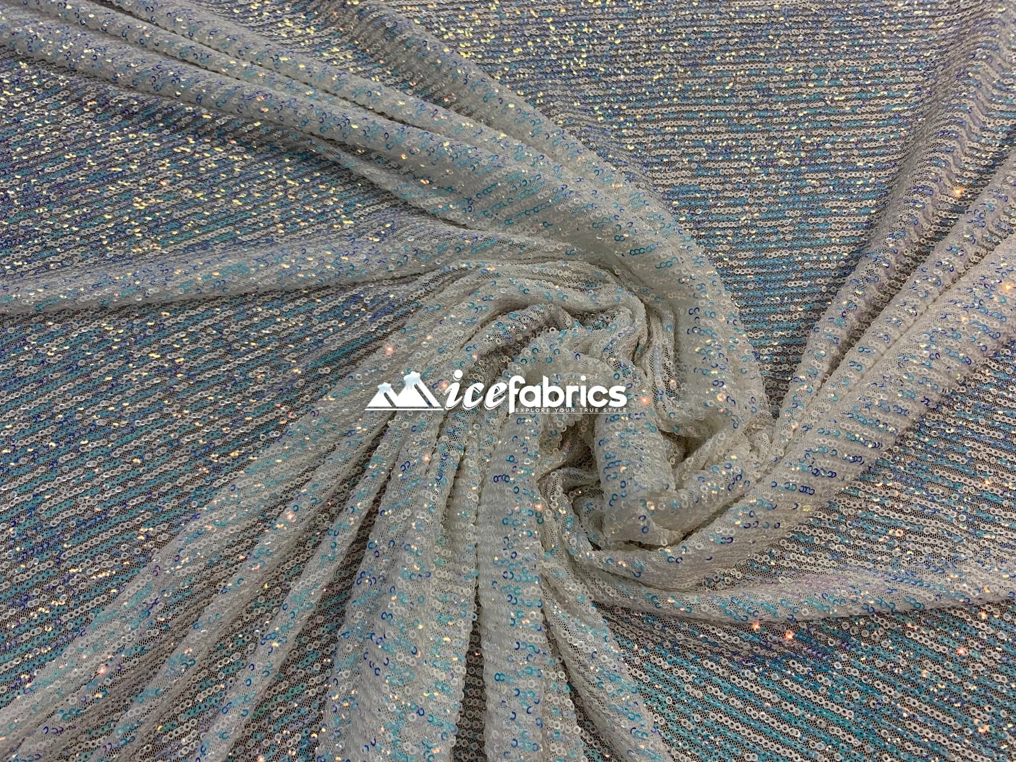 Iridescent Sequin 2 Way Mesh Stretch Sequins Fabric By The YardICEFABRICICE FABRICSWhite Blue IridescentIridescent Sequin 2 Way Mesh Stretch Sequins Fabric By The Yard ICEFABRIC White Blue Iridescent