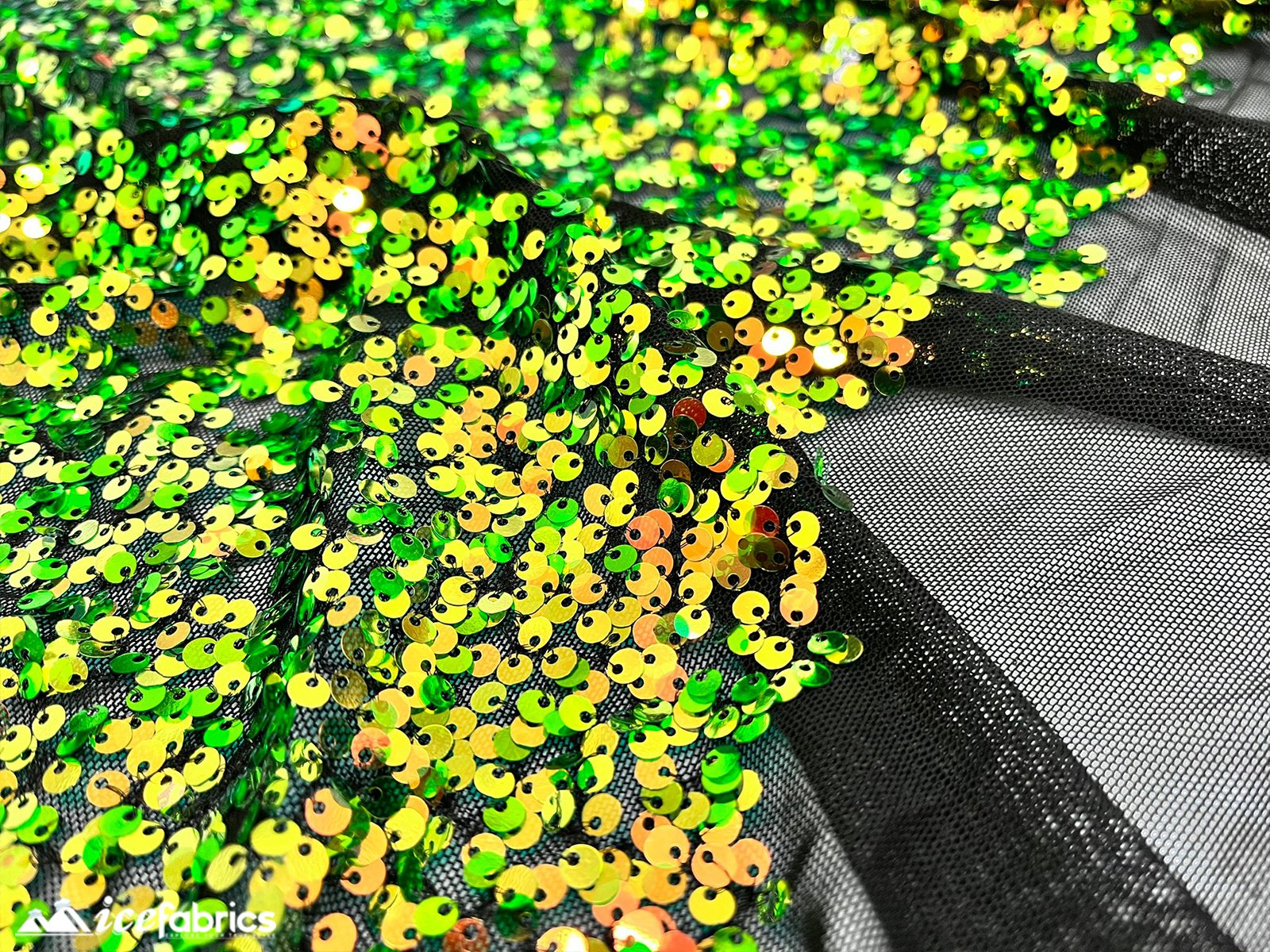Iridescent Yellow Orange 3 Tone 4 Way Stretch Sequin Fabric on Black MeshICE FABRICSICE FABRICSBy The Yard (58" Wide)Iridescent Yellow Orange 3 Tone 4 Way Stretch Sequin Fabric on Black Mesh ICE FABRICS