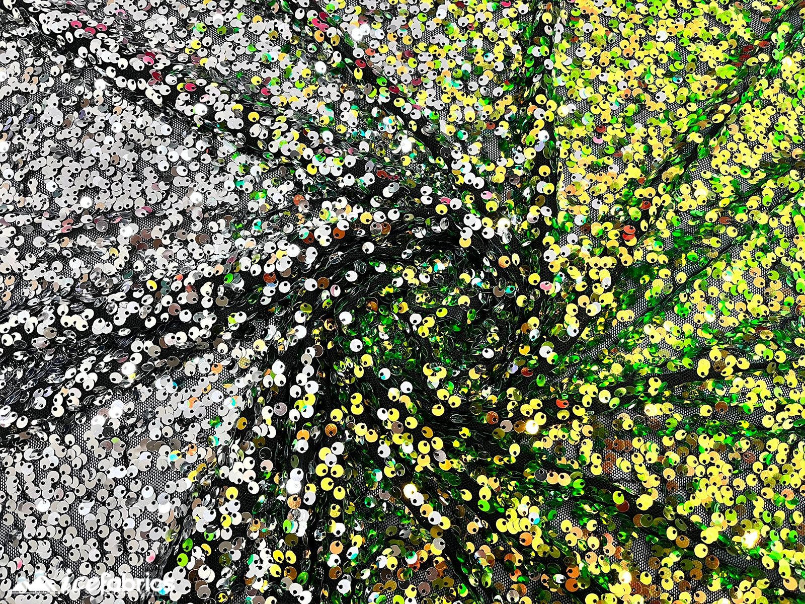 Iridescent Yellow Orange 3 Tone 4 Way Stretch Sequin Fabric on Black MeshICE FABRICSICE FABRICSBy The Yard (58" Wide)Iridescent Yellow Orange 3 Tone 4 Way Stretch Sequin Fabric on Black Mesh ICE FABRICS