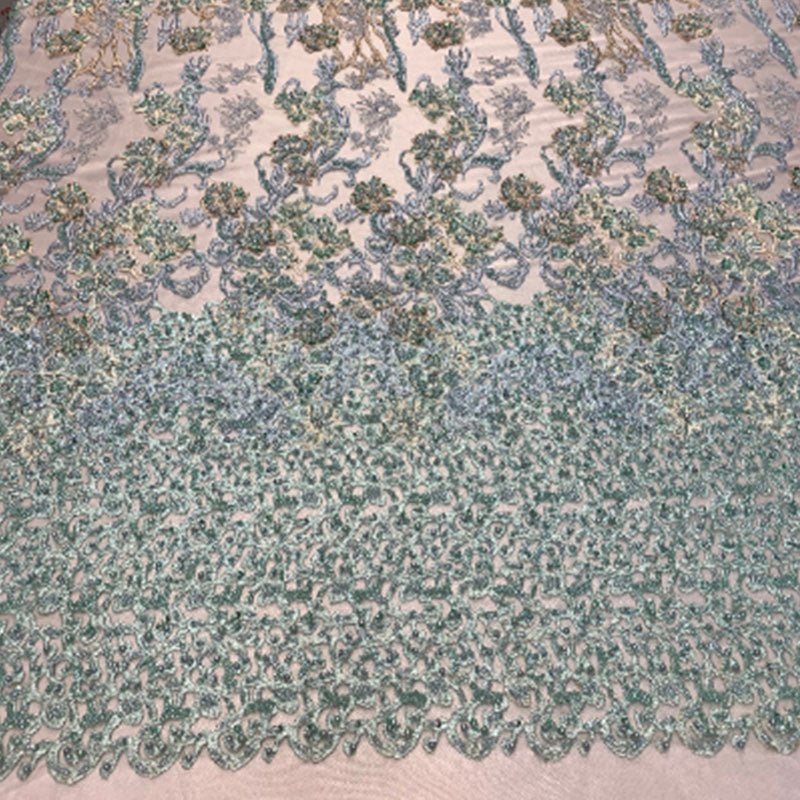 Italian Design Floral/Flower Hand Beaded Embroidery Mesh Lace FabricICEFABRICICE FABRICSMint/BlueItalian Design Floral/Flower Hand Beaded Embroidery Mesh Lace Fabric ICEFABRIC Mint/Blue