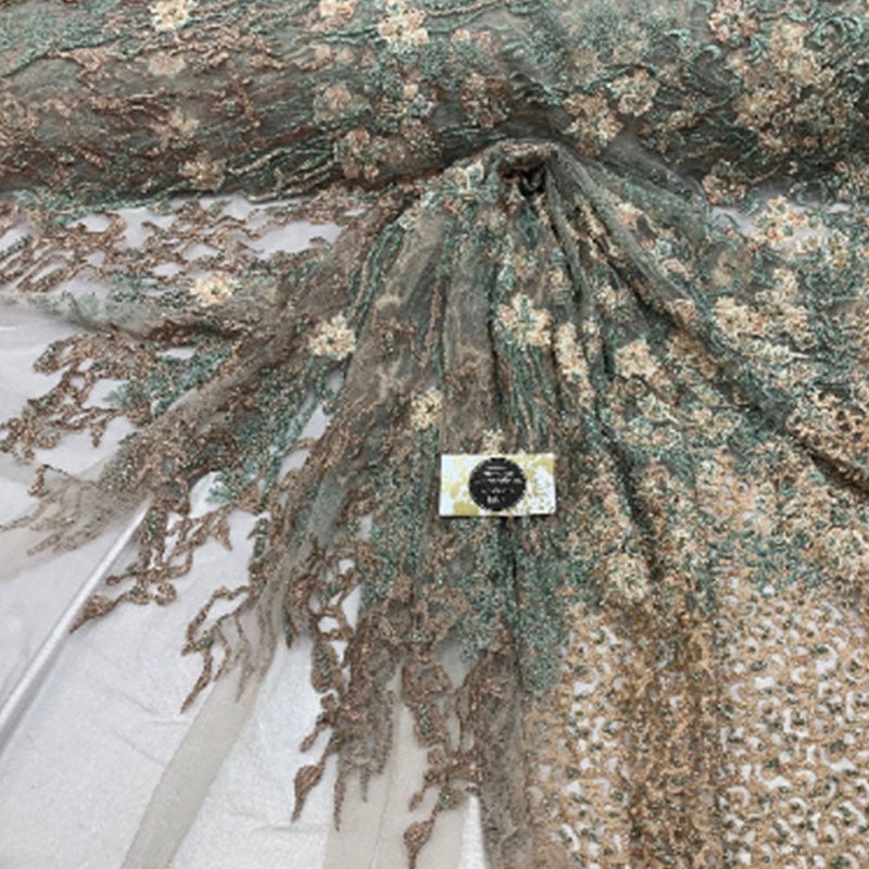 Italian Design Floral/Flower Hand Beaded Embroidery Mesh Lace FabricICEFABRICICE FABRICSPeach/Sage/BrownItalian Design Floral/Flower Hand Beaded Embroidery Mesh Lace Fabric ICEFABRIC Peach/Sage/Brown