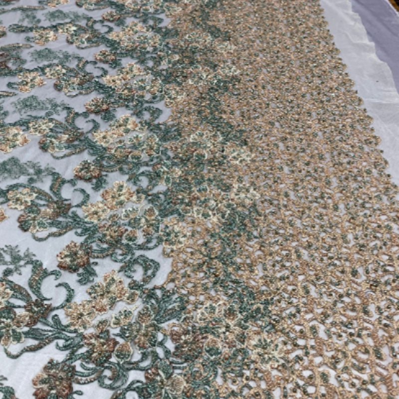 Italian Design Floral/Flower Hand Beaded Embroidery Mesh Lace FabricICEFABRICICE FABRICSPeach/Sage/BrownItalian Design Floral/Flower Hand Beaded Embroidery Mesh Lace Fabric ICEFABRIC Peach/Sage/Brown