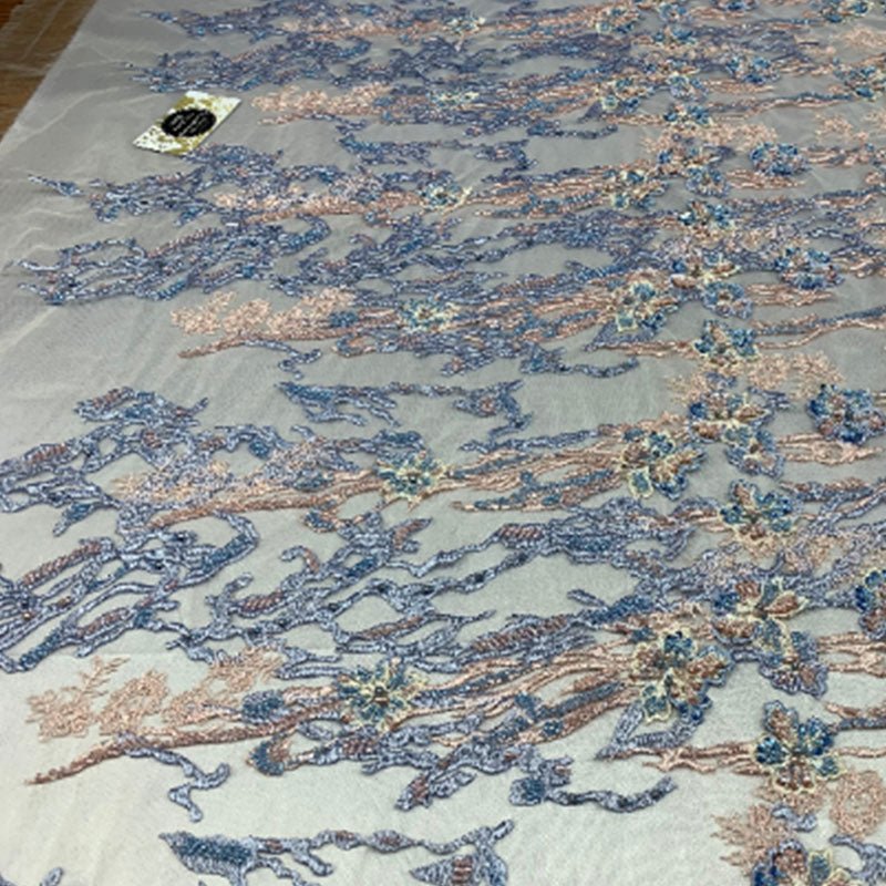 Italian Design Floral/Flower Hand Beaded Embroidery Mesh Lace FabricICEFABRICICE FABRICSBlue/Peach/IvoryItalian Design Floral/Flower Hand Beaded Embroidery Mesh Lace Fabric ICEFABRIC Blue/Peach/Ivory