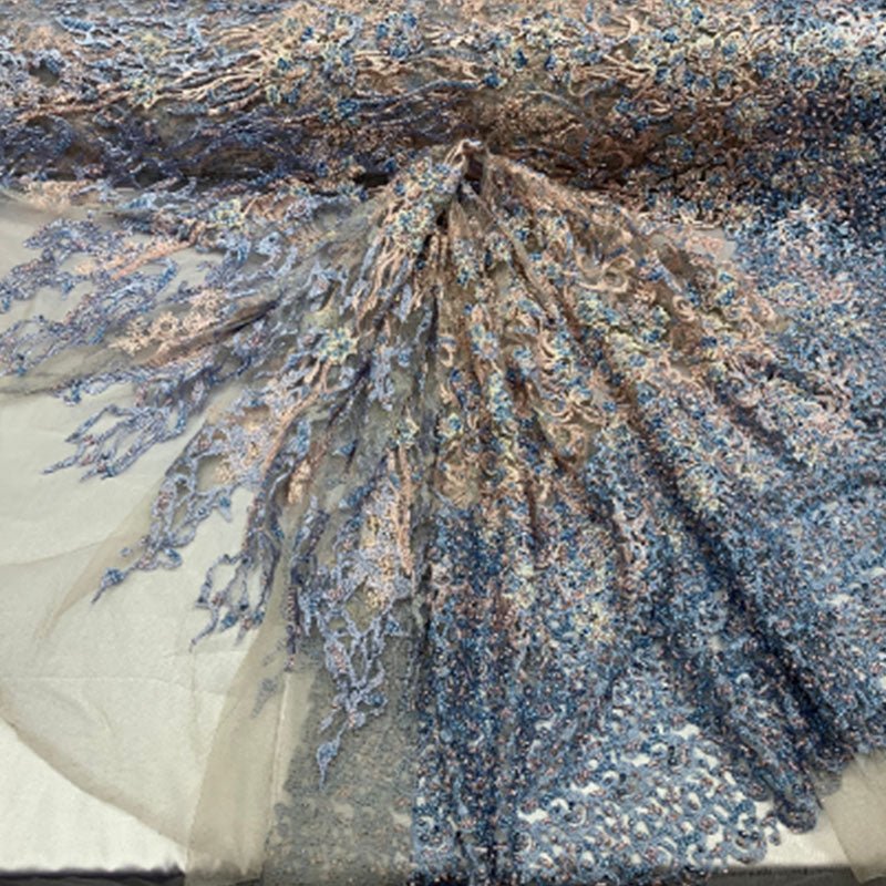 Italian Design Floral/Flower Hand Beaded Embroidery Mesh Lace FabricICEFABRICICE FABRICSBlue/Peach/IvoryItalian Design Floral/Flower Hand Beaded Embroidery Mesh Lace Fabric ICEFABRIC Blue/Peach/Ivory