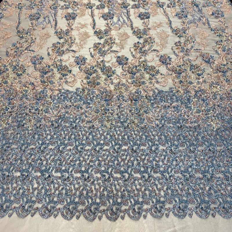 Italian Design Floral/Flower Hand Beaded Embroidery Mesh Lace FabricICEFABRICICE FABRICSBlue/Peach/IvoryItalian Design Floral/Flower Hand Beaded Embroidery Mesh Lace Fabric ICEFABRIC Blue/Peach/Ivory