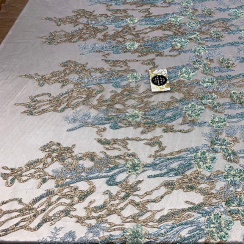 Italian Design Floral/Flower Hand Beaded Embroidery Mesh Lace FabricICEFABRICICE FABRICSMint/BlueItalian Design Floral/Flower Hand Beaded Embroidery Mesh Lace Fabric ICEFABRIC Mint/Blue