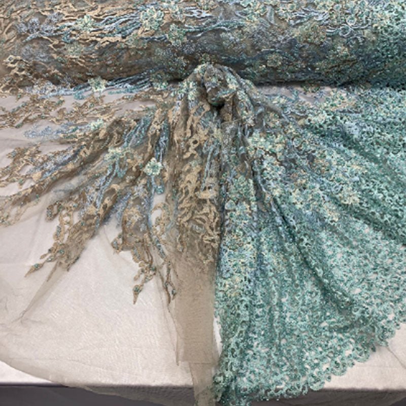 Italian Design Floral/Flower Hand Beaded Embroidery Mesh Lace FabricICEFABRICICE FABRICSMint/BlueItalian Design Floral/Flower Hand Beaded Embroidery Mesh Lace Fabric ICEFABRIC Mint/Blue