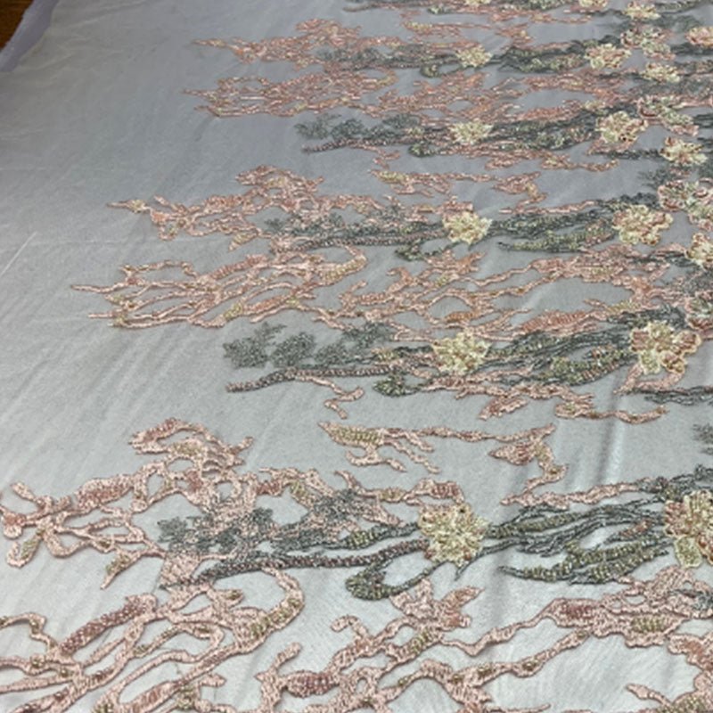 Italian Design Floral/Flower Hand Beaded Embroidery Mesh Lace FabricICEFABRICICE FABRICSMint/BlueItalian Design Floral/Flower Hand Beaded Embroidery Mesh Lace Fabric ICEFABRIC Peach/Gold/Sage/Cream