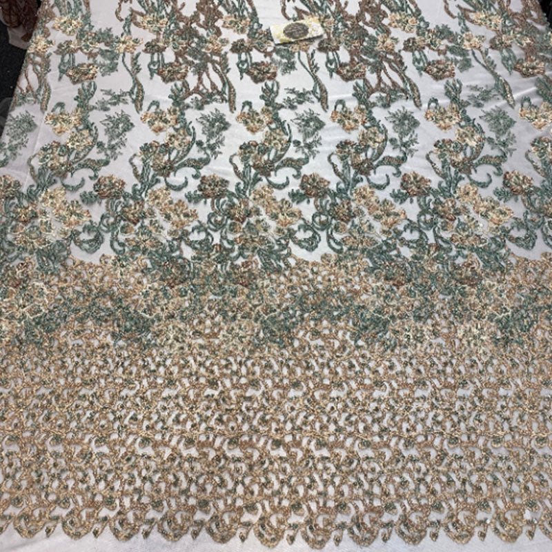 Italian Design Floral/Flower Hand Beaded Embroidery Mesh Lace FabricICEFABRICICE FABRICSPeach/Sage/BrownItalian Design Floral/Flower Hand Beaded Embroidery Mesh Lace Fabric ICEFABRIC Peach/Sage/Brown