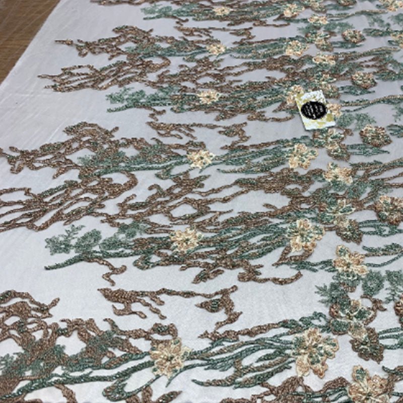Italian Design Floral/Flower Hand Beaded Embroidery Mesh Lace FabricICEFABRICICE FABRICSPeach/Sage/BrownItalian Design Floral/Flower Hand Beaded Embroidery Mesh Lace Fabric ICEFABRIC Peach/Sage/Brown