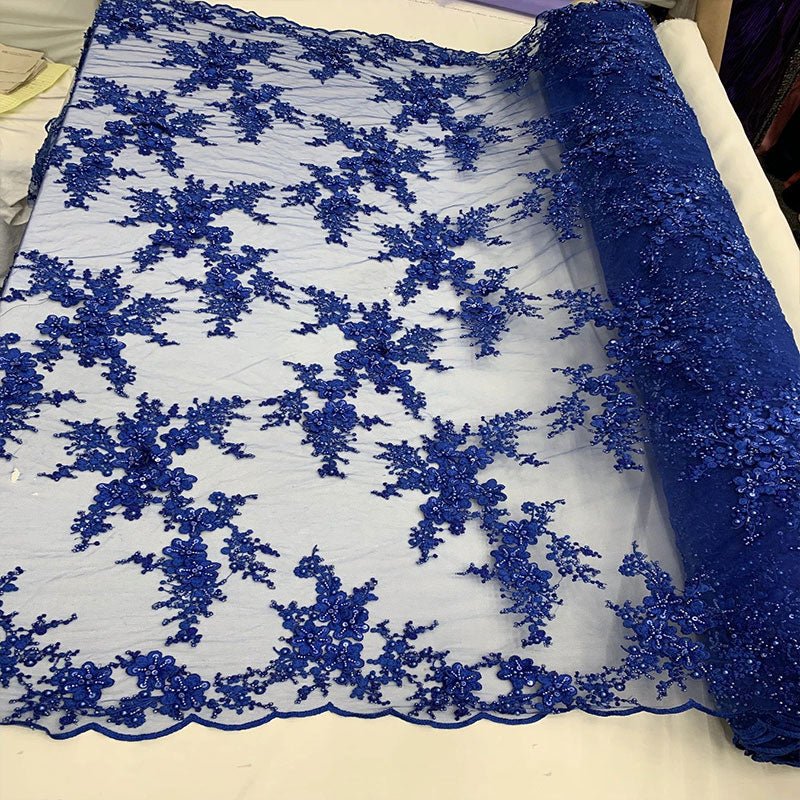 ITALIAN Heavy Embroidery Hand Beaded Mesh Lace Fabric Sold By The YardICE FABRICSICE FABRICSRoyal BlueITALIAN Heavy Embroidery Hand Beaded Mesh Lace Fabric Sold By The Yard ICE FABRICS Royal Blue