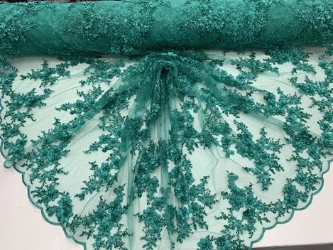 ITALIAN Heavy Embroidery Hand Beaded Mesh Lace Fabric Sold By The YardICE FABRICSICE FABRICSTealITALIAN Heavy Embroidery Hand Beaded Mesh Lace Fabric Sold By The Yard ICE FABRICS Teal