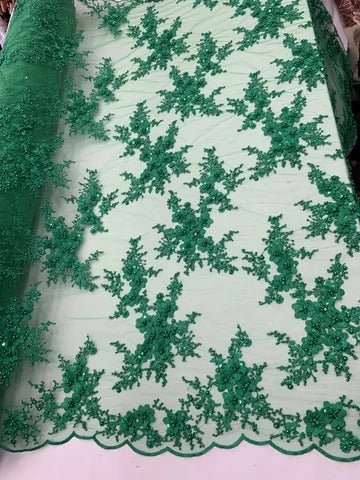 ITALIAN Heavy Embroidery Hand Beaded Mesh Lace Fabric Sold By The YardICE FABRICSICE FABRICSGreenITALIAN Heavy Embroidery Hand Beaded Mesh Lace Fabric Sold By The Yard ICE FABRICS Green