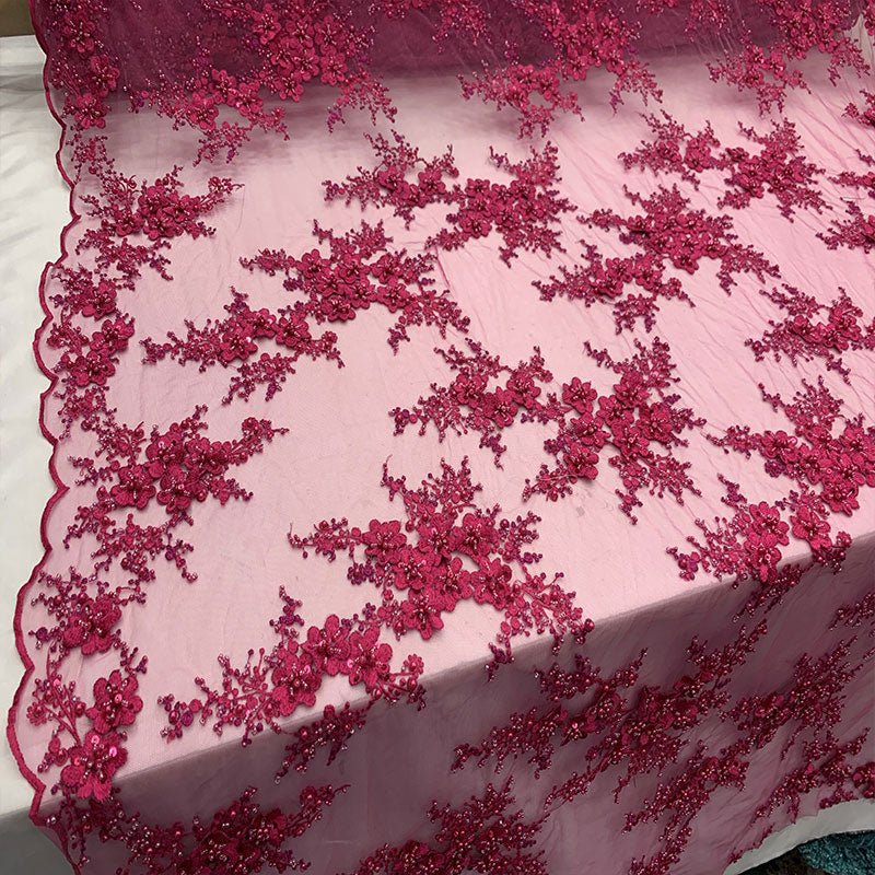 ITALIAN Heavy Embroidery Hand Beaded Mesh Lace Fabric Sold By The YardICE FABRICSICE FABRICSGreenITALIAN Heavy Embroidery Hand Beaded Mesh Lace Fabric Sold By The Yard ICE FABRICS Fuchsia