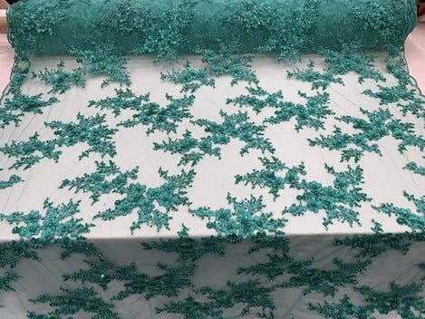 ITALIAN Heavy Embroidery Hand Beaded Mesh Lace Fabric Sold By The YardICE FABRICSICE FABRICSTealITALIAN Heavy Embroidery Hand Beaded Mesh Lace Fabric Sold By The Yard ICE FABRICS Teal