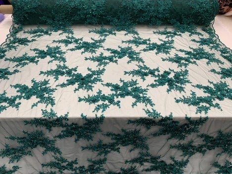 ITALIAN Heavy Embroidery Hand Beaded Mesh Lace Fabric Sold By The YardICE FABRICSICE FABRICSHunter GreenITALIAN Heavy Embroidery Hand Beaded Mesh Lace Fabric Sold By The Yard ICE FABRICS Hunter Green